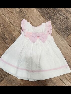 Girls' White Eyelet Dress with Pink Bow Trim